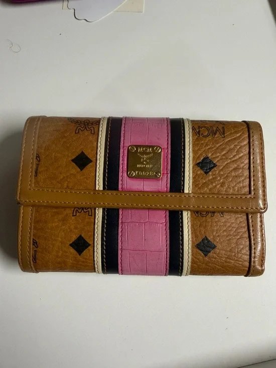 MCM Trifold Wallet in Cognac, Pink & Black Stripe Accents - Picture 1 of 15
